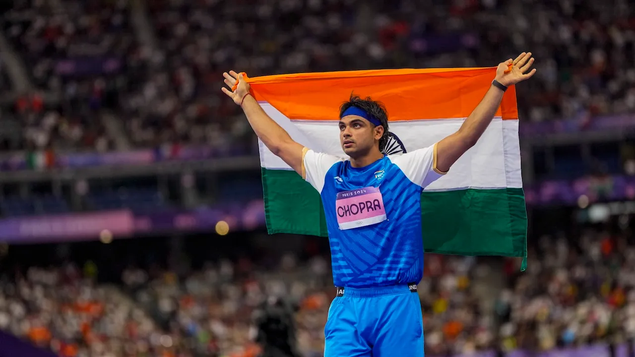 India's Neeraj Chopra after winning silver in the men's javelin throw final at the 2024 Summer Olympics, in Paris, France, Thursday, Aug. 8, 2024.