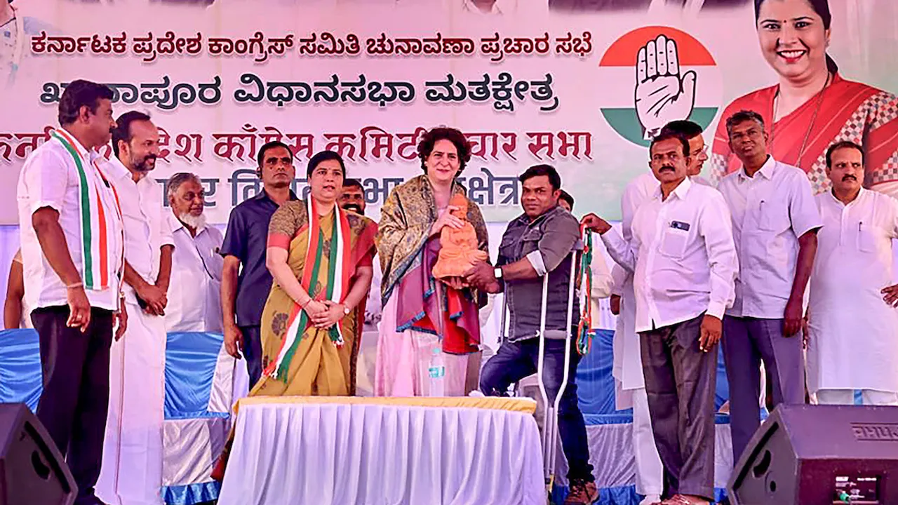 AICC General Secretary Priyanka Gandhi Vadra at a public meeting for the upcoming Karnataka Assembly elections in Khanapur in Belagavi district on April 30