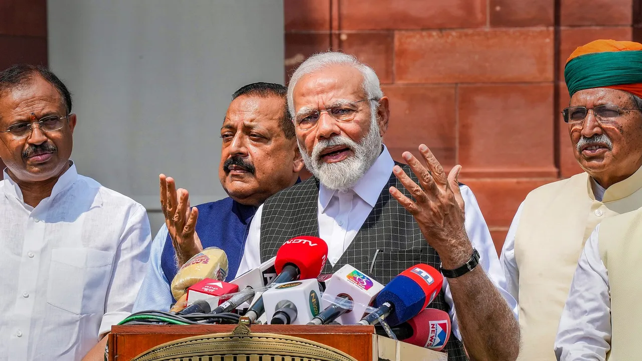 Prime Minister Narendra Modi addresses the media on the first day of the Monsoon Session of Parliament