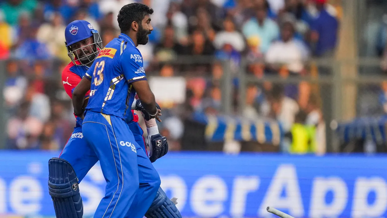 Delhi Capitals' Prithvi Shaw and Mumbai Indians' Jasprit Bumrah in action during the Indian Premier League (IPL) cricket match between Delhi Capitals and Mumbai Indians, at Wankhede Staduim, in Mumbai, Sunday, April 7, 2024.