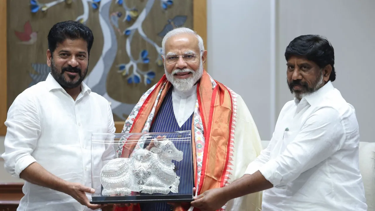 Telangana Chief Minister A Revanth Reddy with Dy CM Bhatti Vikramarka Mallu meet Prime Minister Narendra Modi, in New Delhi.