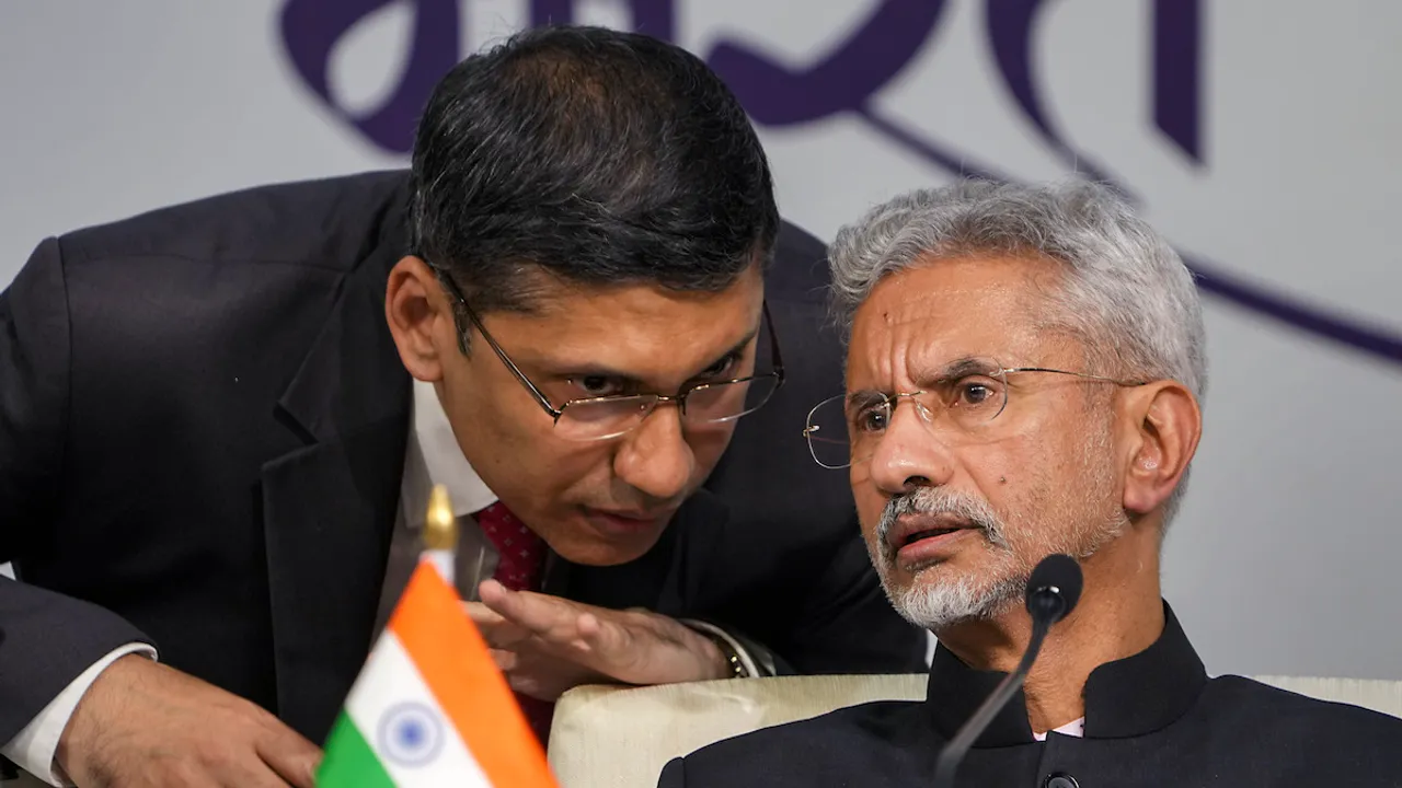 External Affairs Minister S Jaishankar interacts with MEA Spokesperson Arindam Bagchi during a press conference at the G20 Summit, in New Delhi, Saturday, Sept. 9, 2023