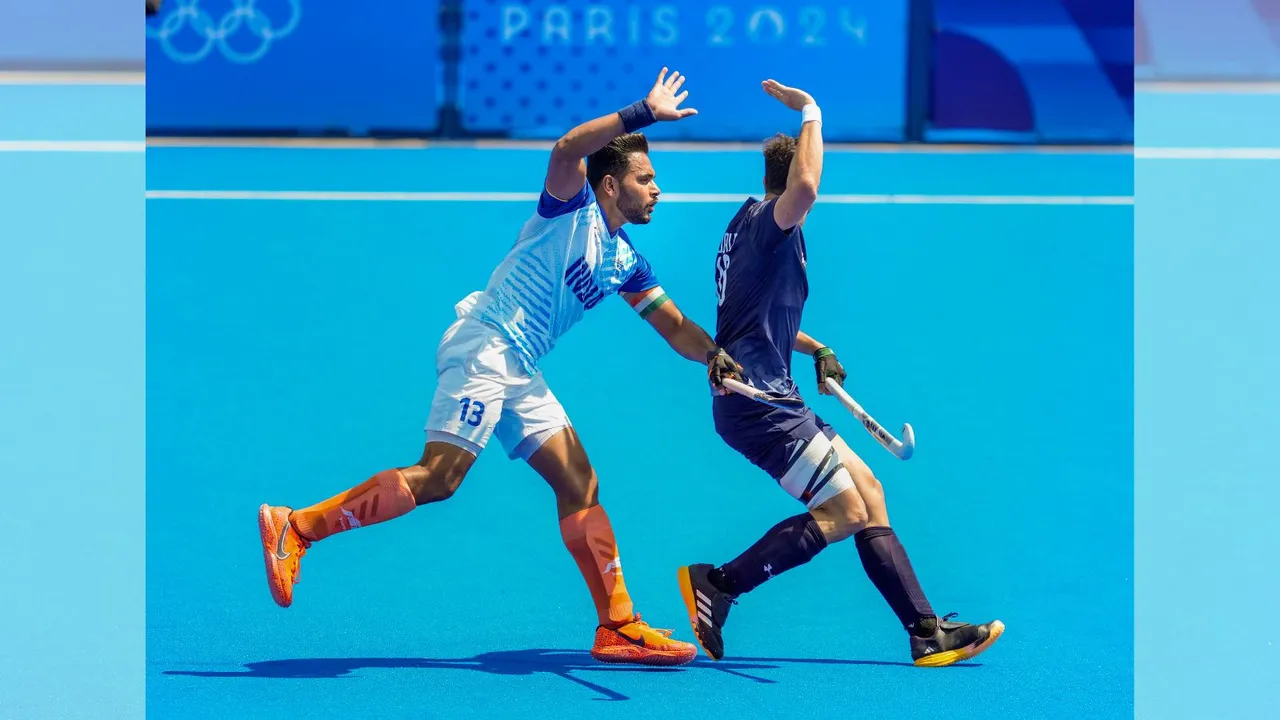 Indian captain Harmanpreet Singh during the Pool B match between India and New Zealand at Paris olympics