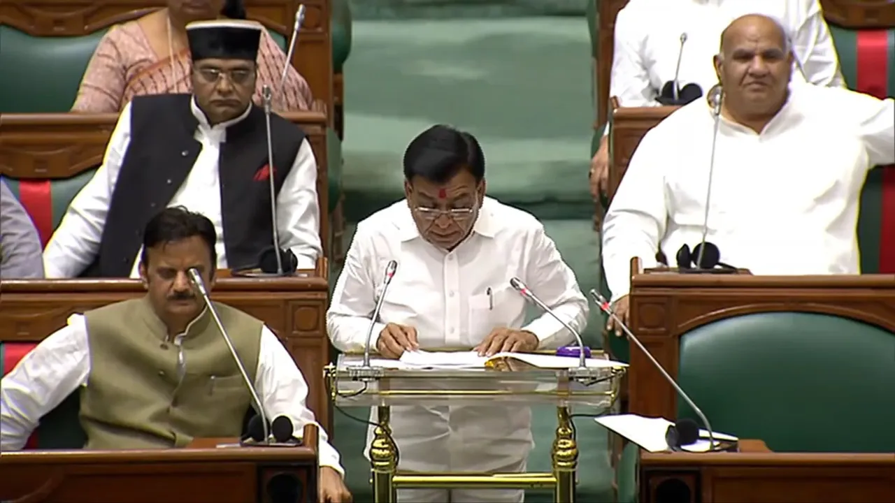 Deputy CM and Finance Minister Jagdish Devda presenting the annual budget in the State Legislative Assembly during the ongoing Monsoon session, in Bhopal, Wednesday, July 3, 2024.