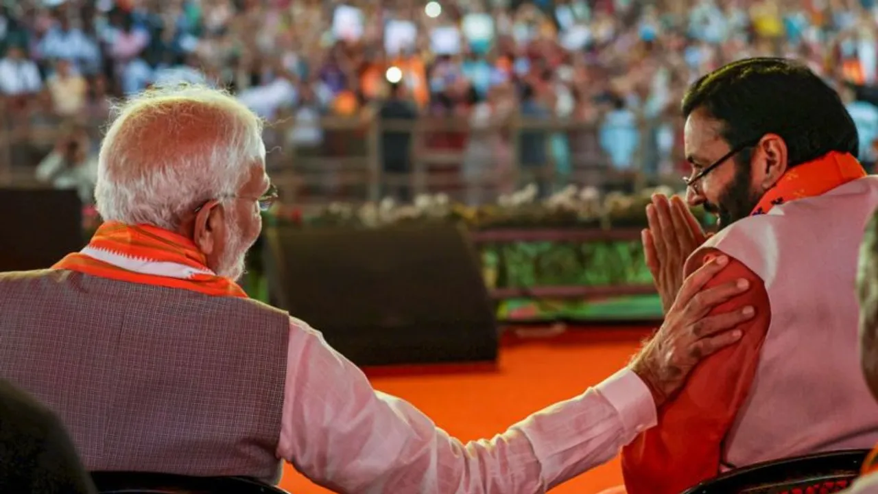 Prime Minister Narendra Modi with Haryana Chief Minister Nayab Singh Saini during a public meeting