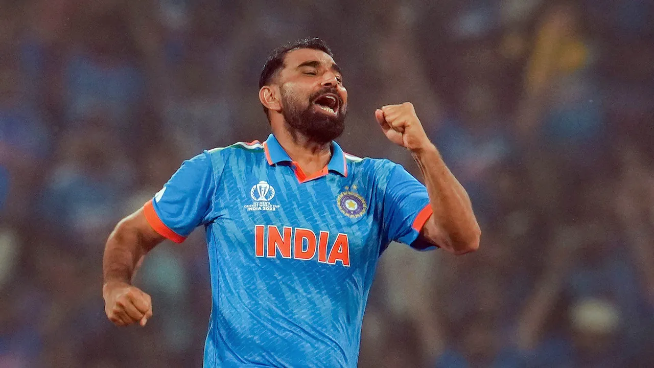 Mohammed Shami celebrates the wicket of England's Moeen Ali during the ICC Men's Cricket World Cup 2023 match between India and England, at Bharat Ratna Shri Atal Bihari Vajpayee Ekana Cricket Stadium, in Lucknow, Sunday Oct. 29, 2023.