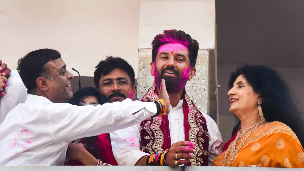 LJP (Ram Vilas) Chief Chirag Paswan during celebrations of the party's lead in the Lok Sabha elections as counting of votes underway, in Patna, Tuesday, June 4, 2024