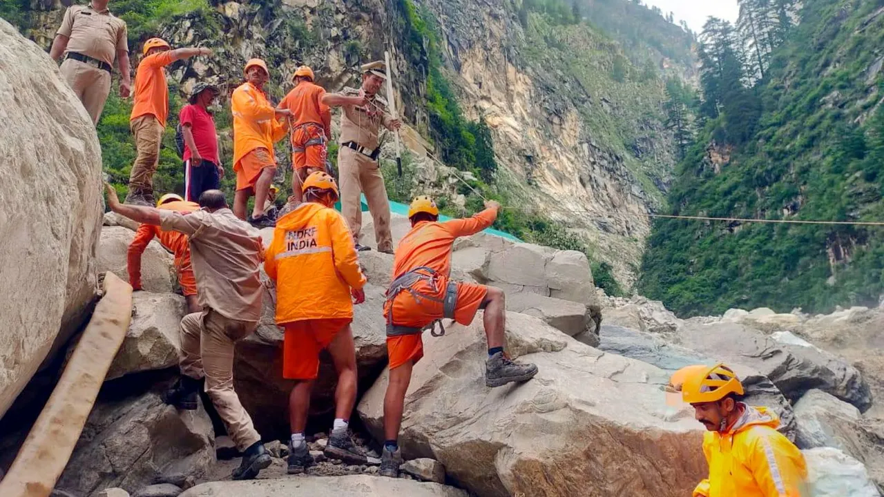 Search and rescue operation underway to find the missing people following a cloudburst on Thursday, in Rampur area of Shimla district, Friday, Aug. 2, 2024.