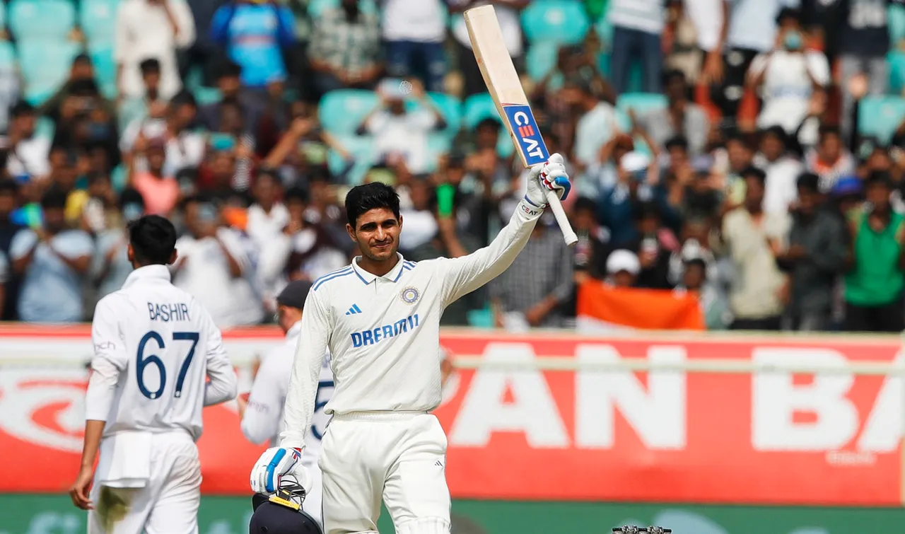 India's batter Shubman Gill celebrates his century during the third day of the second Test match between India and England
