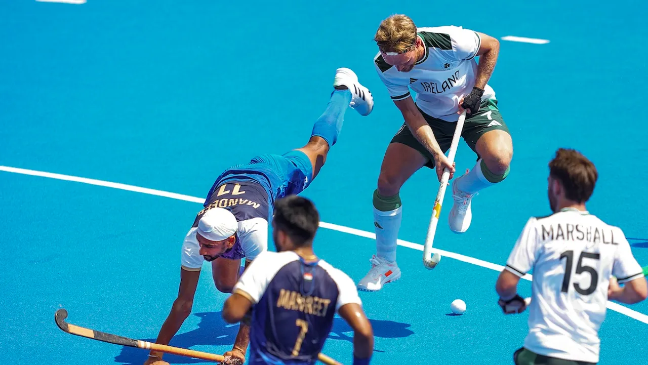 India's Mandeep Singh (11) during the Pool B hockey match between India and Ireland at the 2024 Summer Olympics, in Paris, France, Tuesday, July 30, 2024.