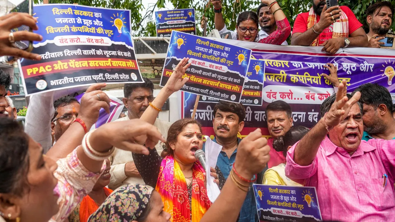 BJP MP Manoj Tiwari with party leaders during a protest against imposition of PPAC, pension surcharge and other surcharges in electricity bills, in New Delhi, Monday, July 15, 2024.