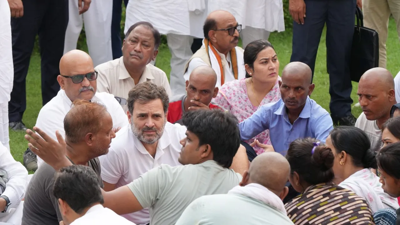Congress leader Rahul Gandhi meets families of the victims of Hathras stampede incident, at Green Park in Hathras, Friday, July 5, 2024.