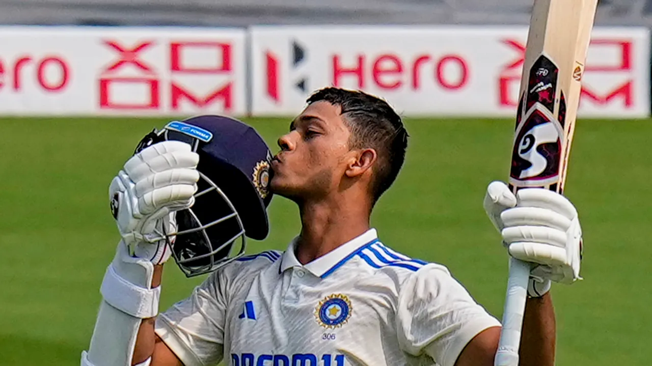 Yashasvi Jaiswal celebrates after scoring double century on the second day of the second cricket test match between India and England, at Dr. Y.S. Rajasekhara Reddy ACA-VDCA Cricket Stadium, in Visakhapatnam, Saturday, Feb. 3, 2024