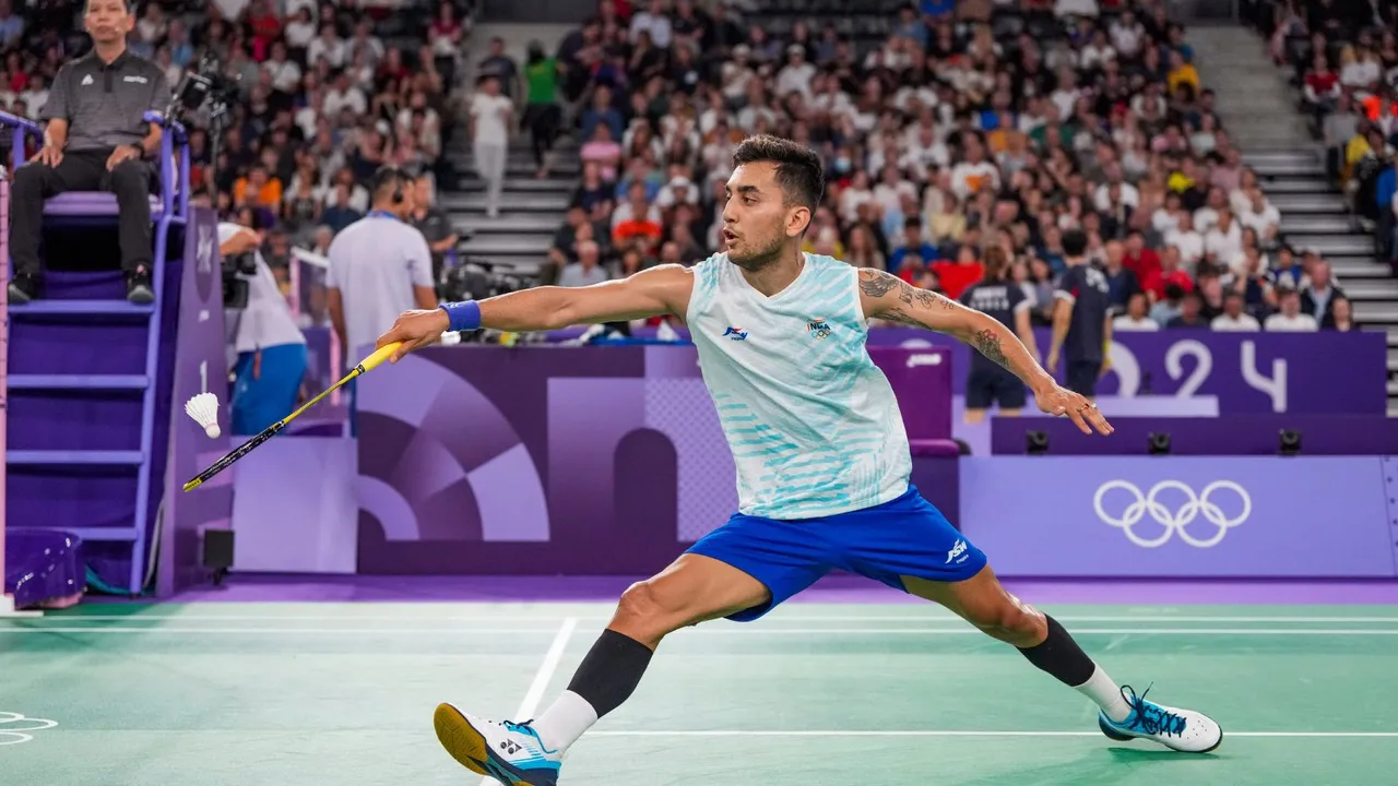 India's Lakshya Sen returns a shot during the Men's Singles Group stage badminton match against Guatemala's Kevin Cordon at the Summer Olympics 2024, in Paris, Saturday, July 27, 2024.