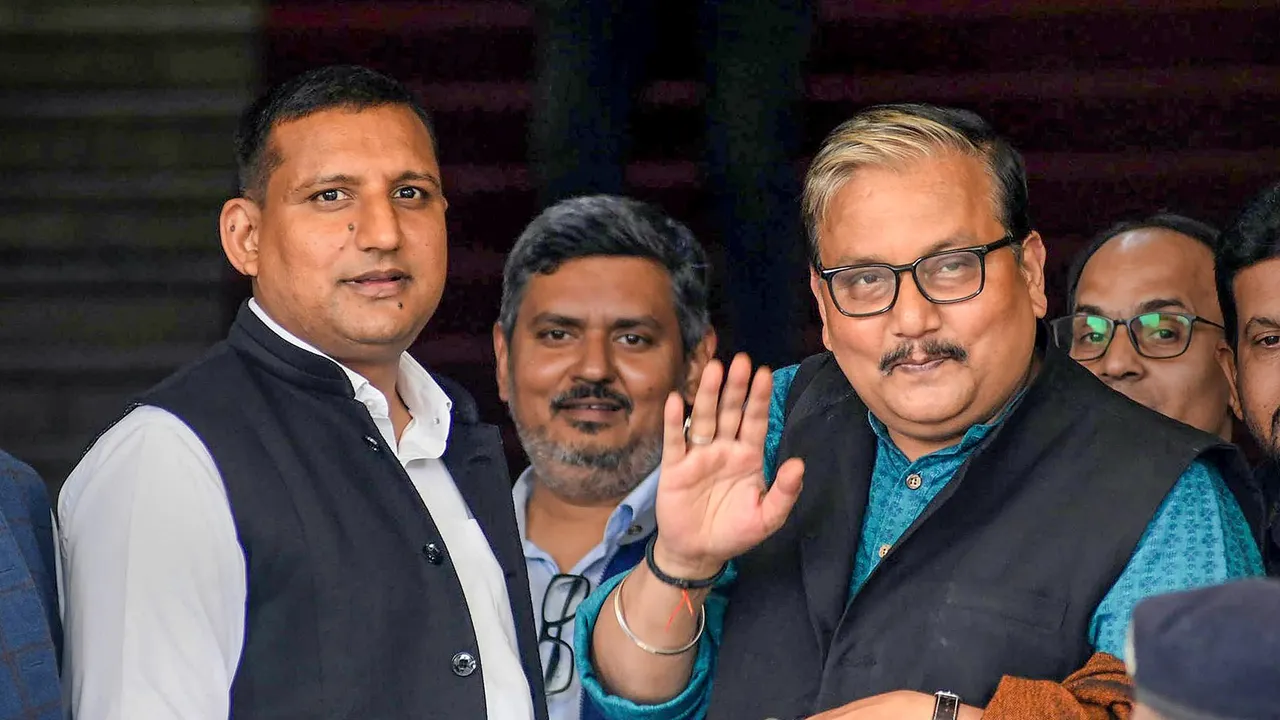 RJD candidates Manoj Jha and Sanjay Kumar Yadav after filing nomination papers for the Rajya Sabha elections at the Bihar Assembly