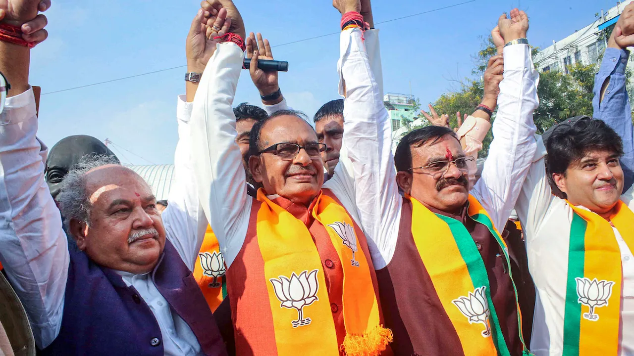 Shivraj Singh Chouhan with Union Ministers Jyotiraditya Scindia, Ashwini Vaishnaw and Narendra Singh Tomar and BJP State President VD Sharma celebrate the party's lead during counting of votes for MP Assembly elections, in Bhopal, Sunday, Dec. 3, 2023.