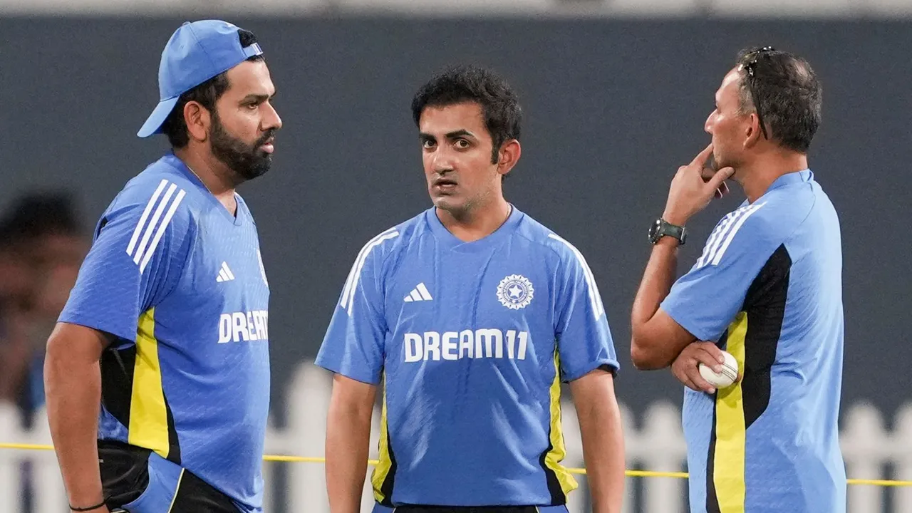 (L-R) India's Rohit Sharma with Head Coach Gautam Gambhir and BCCI Chief Selector Ajit Agarkar during a practice session ahead of the first ODI cricket match of a series between India and Sri Lanka