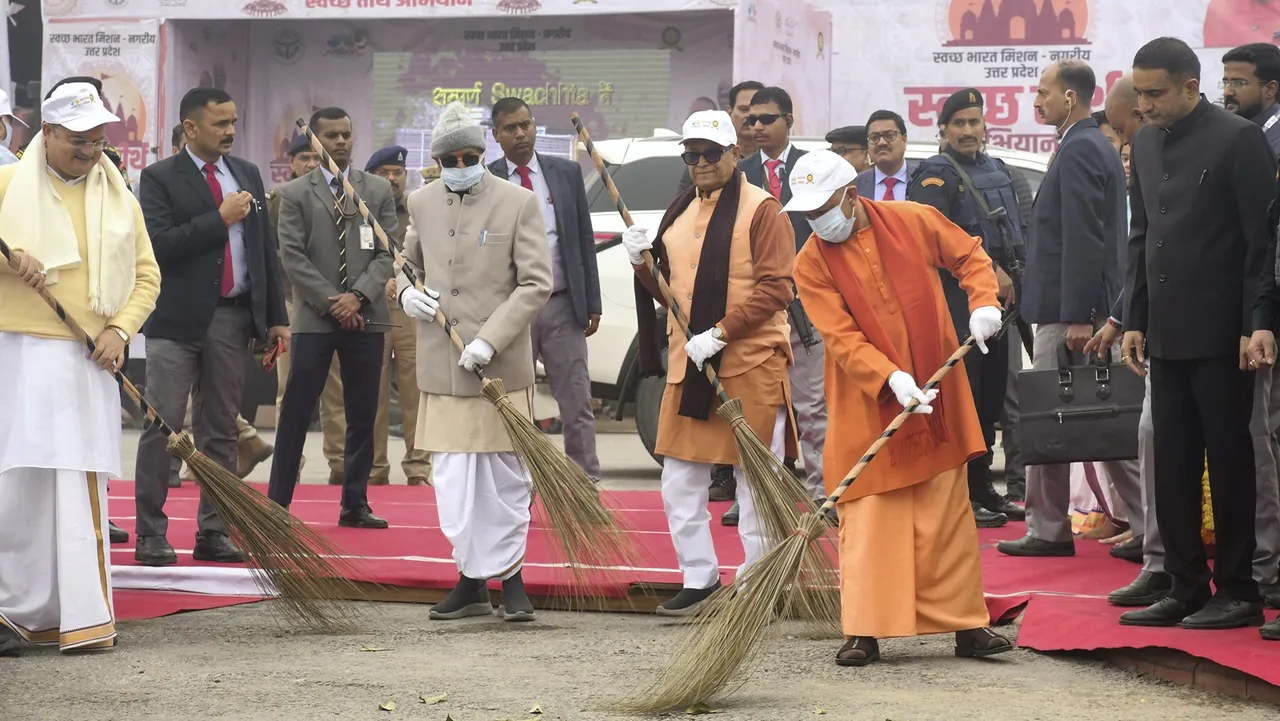 Uttar Pradesh Chief Minister Yogi Adityanath during a cleanliness drive in Ayodhya