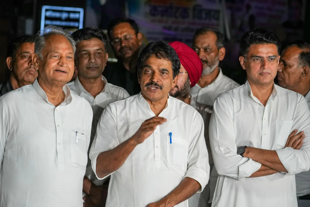 Congress leader K.C. Venugopal with party leaders Ashok Gehlot and Sachin Pilot speaks with the media after a meeting at party President Mallikarjun Kharge's residence, in New Delhi