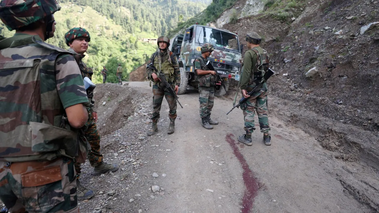 Indian Army personnel during a counter-terror operation after terrorists ambushed an Army convoy, in Kathua district, Tuesday, July 9, 2024.