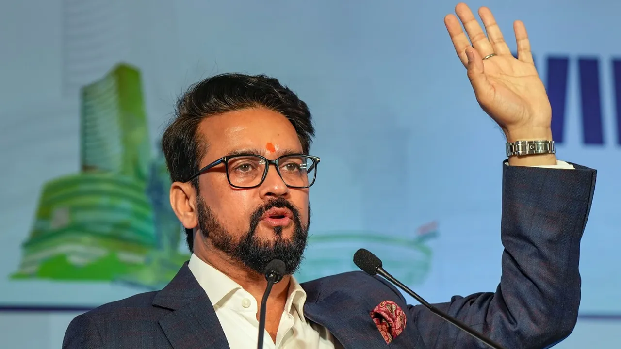 Union I & B Minister Anurag Thakur addresses the 'Viksit Bharat@2047' national conclave, in New Delhi, Tuesday, Feb. 27, 2024.