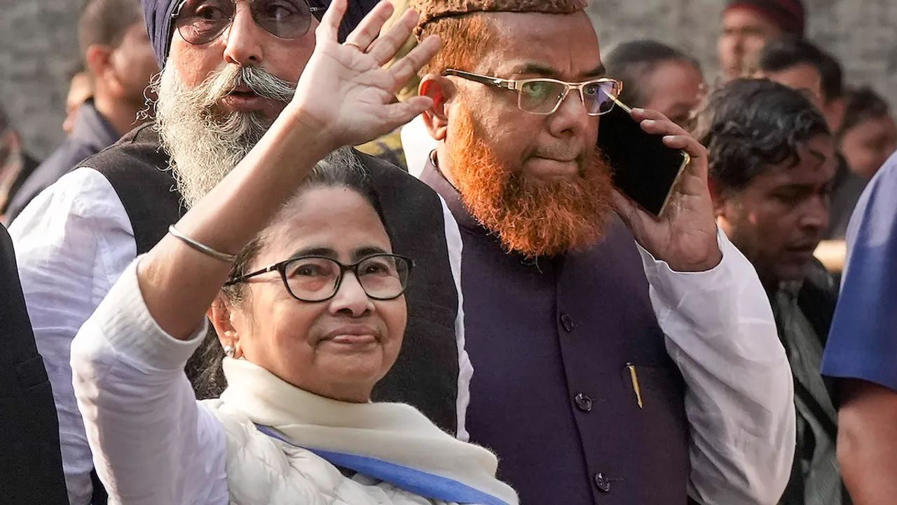 Mamata Banerjee accompanied by religious leaders partipates in a 'sanghati' rally (all-faith harmony procession), in Kolkata, Monday, Jan. 22, 2024.