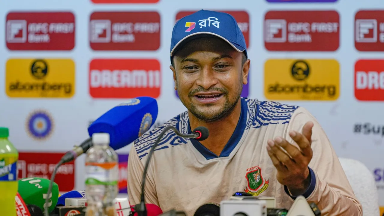 Bangladesh all-rounder Shakib Al Hasan addresses a press conference ahead of the 2nd cricket Test match between India and Bangladesh at the Green Park Stadium, in Kanpur, Thursday, Sept. 26, 2024.
