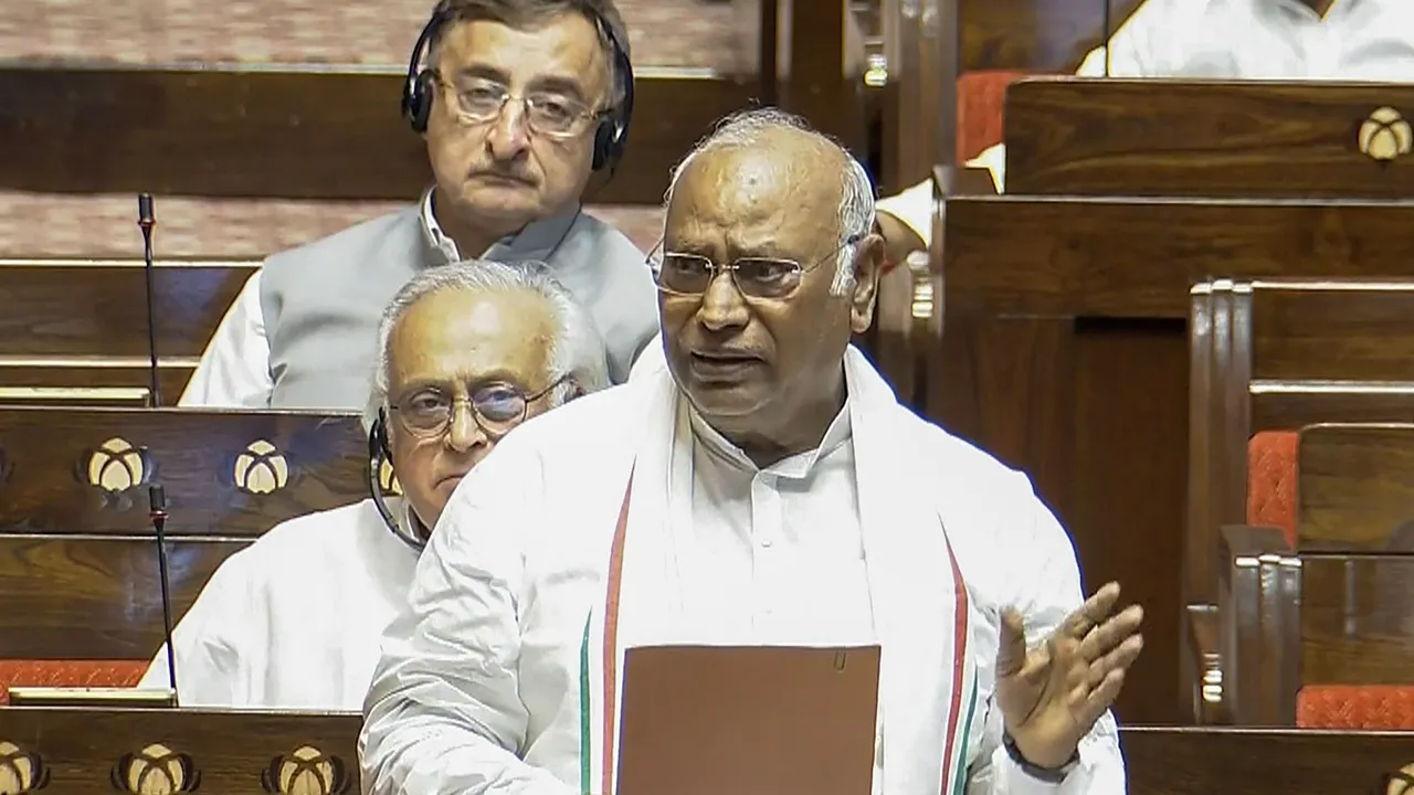 Leader of Opposition in Rajya Sabha and Congress MP Mallikarjun Kharge speaks in the House during the Monsoon session of Parliament, in New Delhi, Tuesday, July 30, 2024.