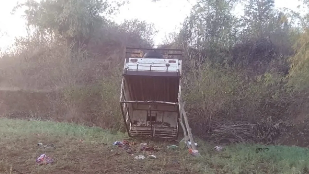 The pick-up vehicle that overturned in an accident killing 14 people and injuring 20 others, in Dindori district, Thursday, Feb. 29, 2024.