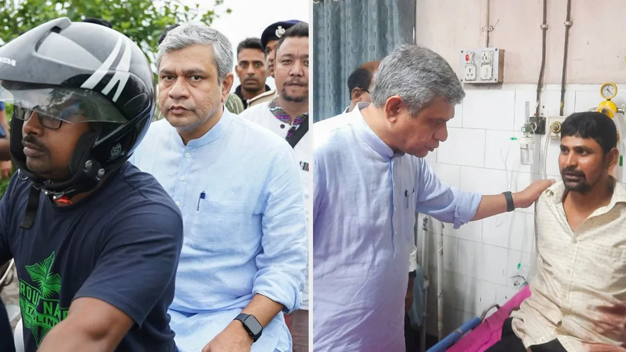 Railways Minister Ashwini Vaishnaw visits an injured at a hospital, after a collision between the Kanchanjungha Express and a goods train near Rangapani railway station, on Monday, June 17, 2024.