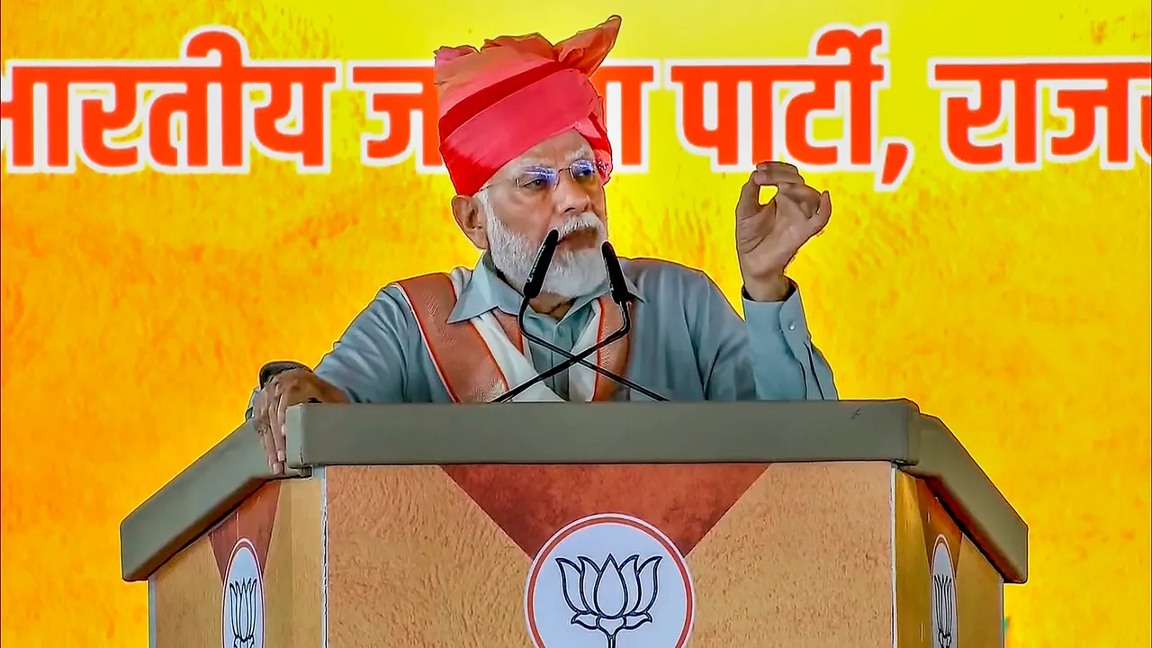 Prime Minister Narendra Modi speaks during a public meeting in Sikar