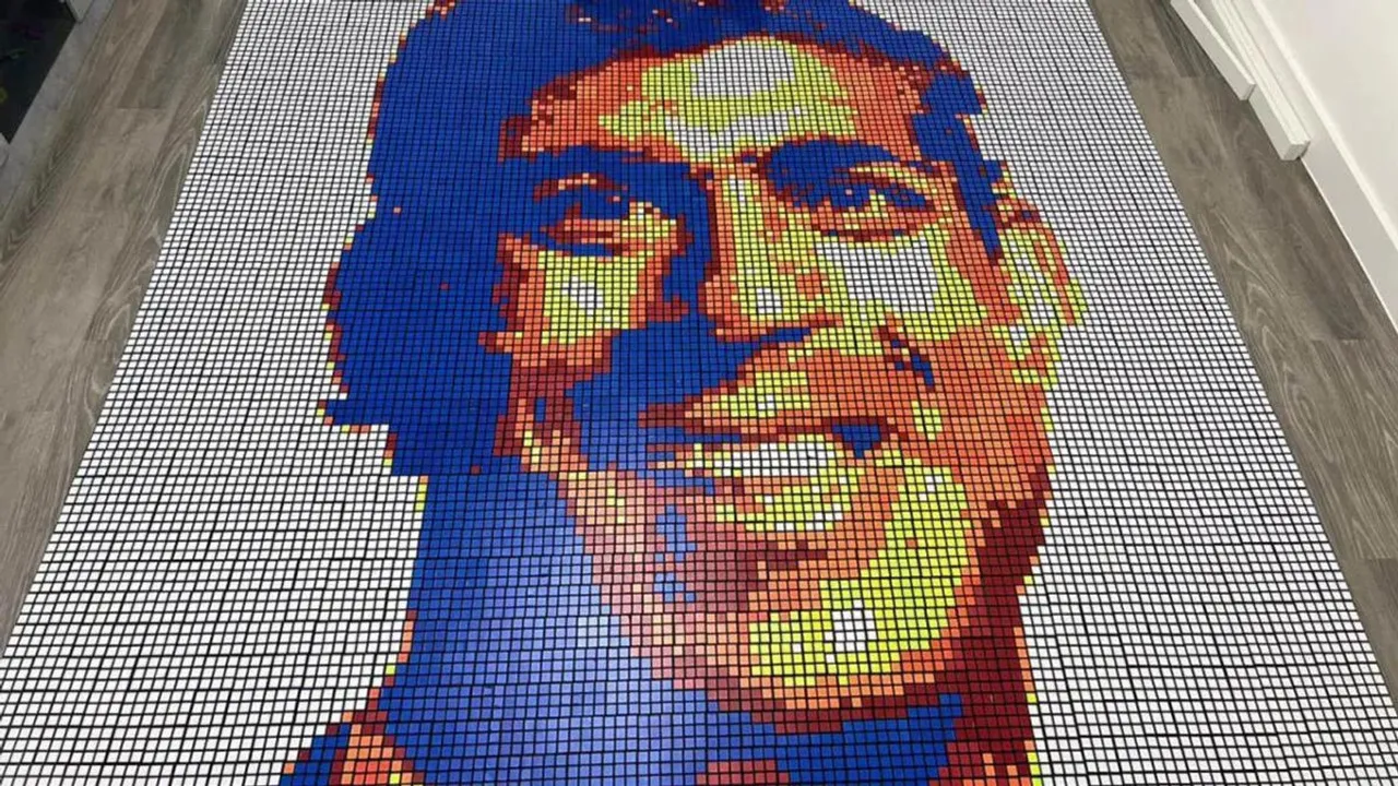 A giant artwork by Henil Soni depicting Prime Minister Rishi Sunak by using his Rubik’s Cube solving skills