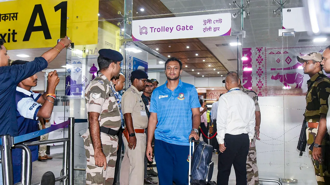 Bangladesh cricket team captain Shakib Al Hasan arrives for the ICC Cricket World Cup 2023 warm-up match against Sri Lanka, at Guwahati Airport