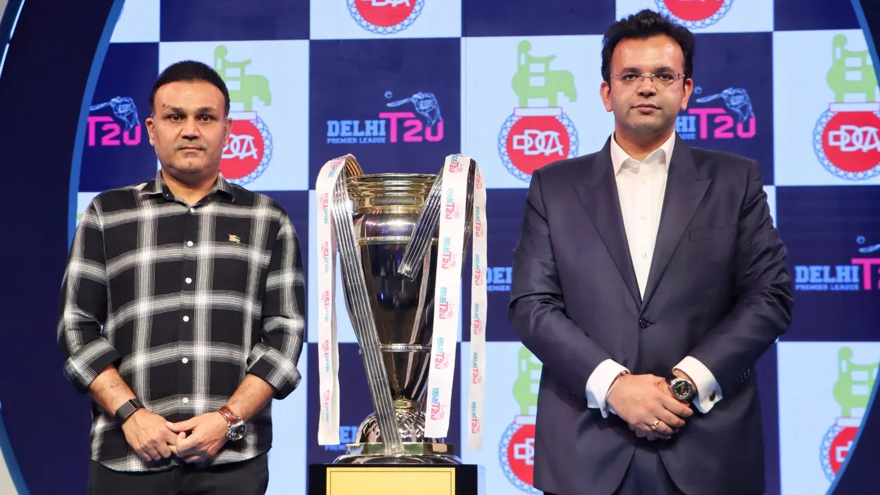 Former cricketer Virender Sehwag and President of the Delhi and District Cricket Association Rohan Jaitley during the inauguration of Delhi Premier League T20 (DPL), in New Delhi, Friday, Aug. 2, 2024.