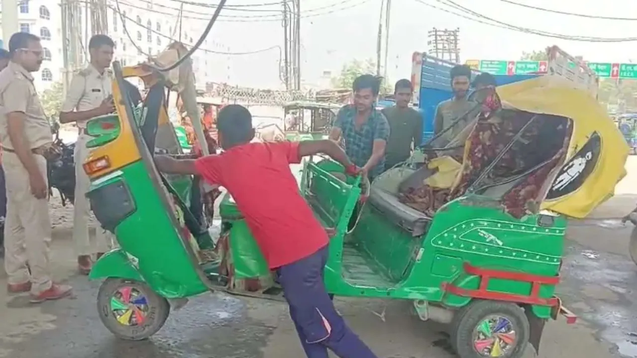 Badly damaged auto from accident site