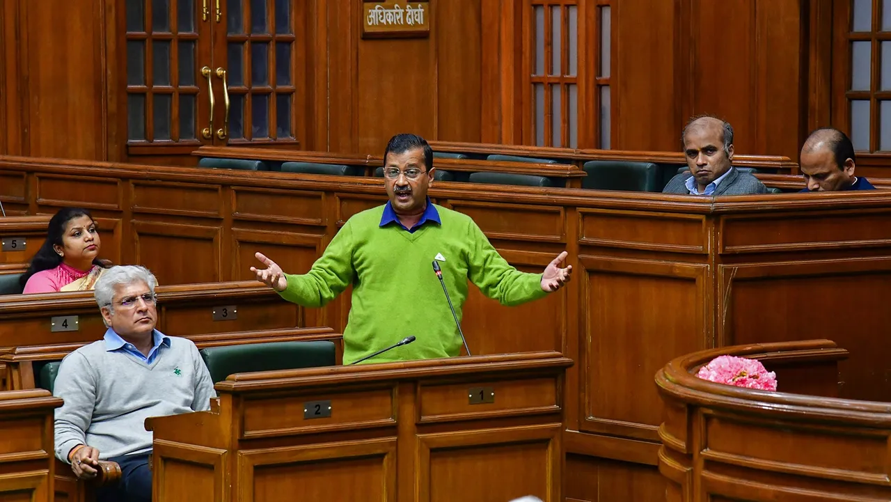 Delhi Chief Minister Arvind Kejriwal speaks during the Budget session of the Delhi Legislative Assembly