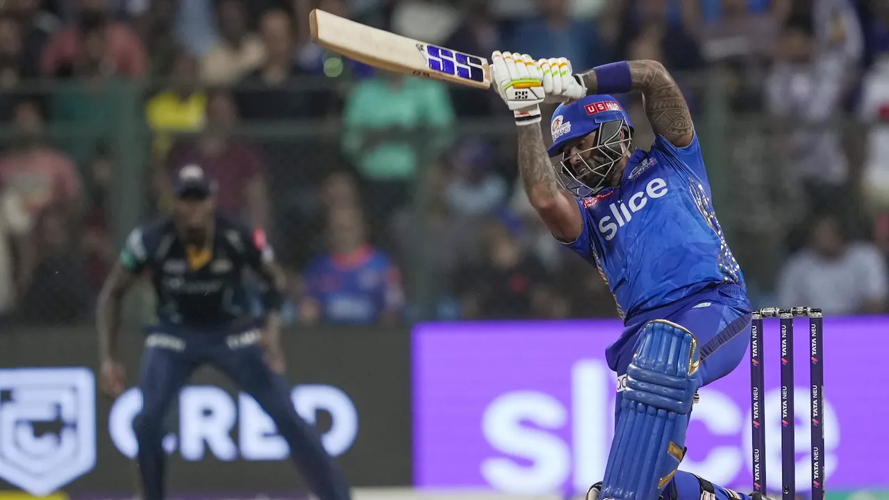 Mumbai Indians batter Suryakumar Yadav plays a shot Gujarat Titans on May 12