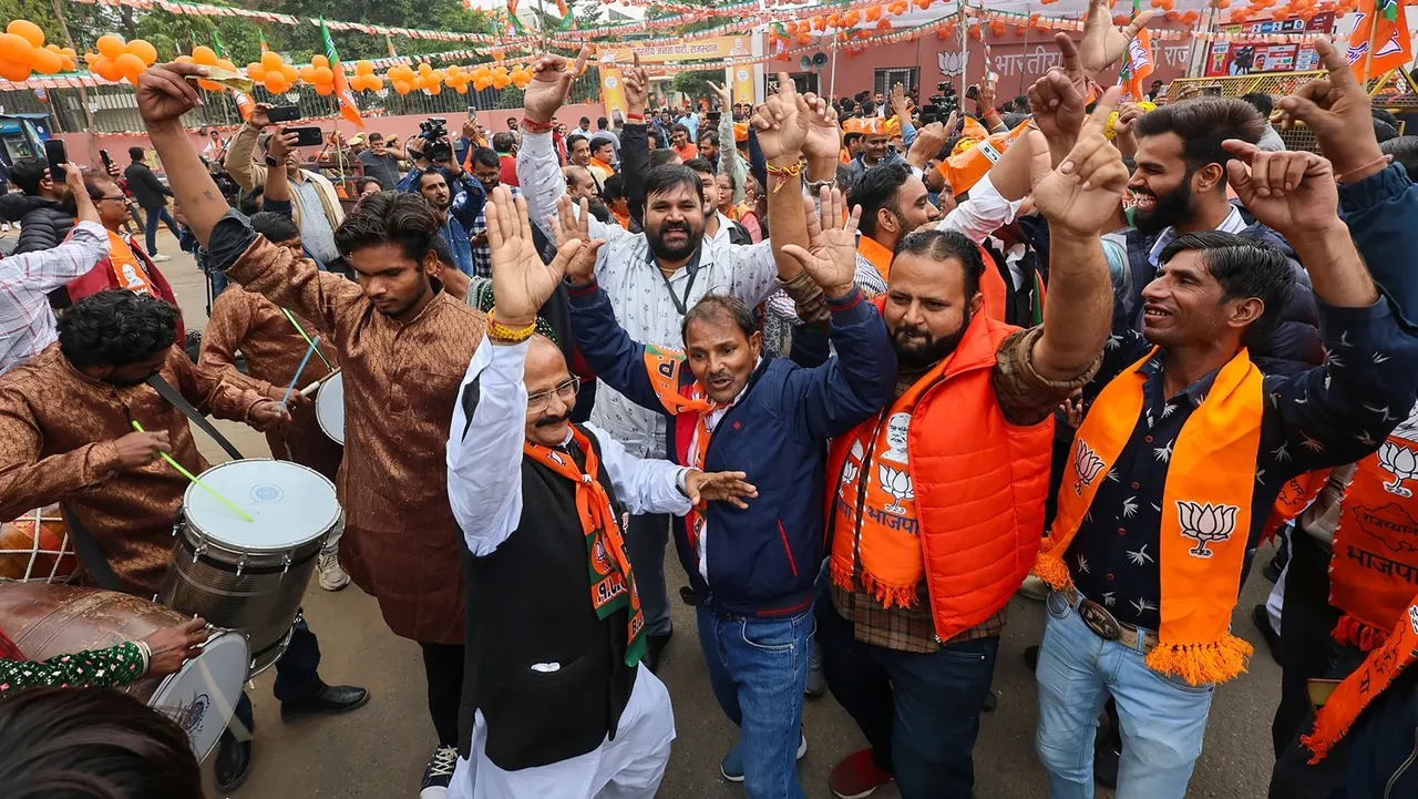 BJP workers and supporters outside the party headquarters during counting of votes for the Rajasthan Assembly elections, in Jaipur