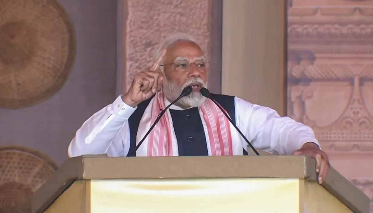 Prime Minister Narendra Modi speaks during the inauguration and foundation stone laying ceremony of various developmental projects, in Guwahati