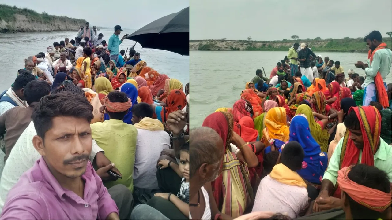 In this photo tweeted by the EC, voters are crossing rivers by boat to exercise their voting rights