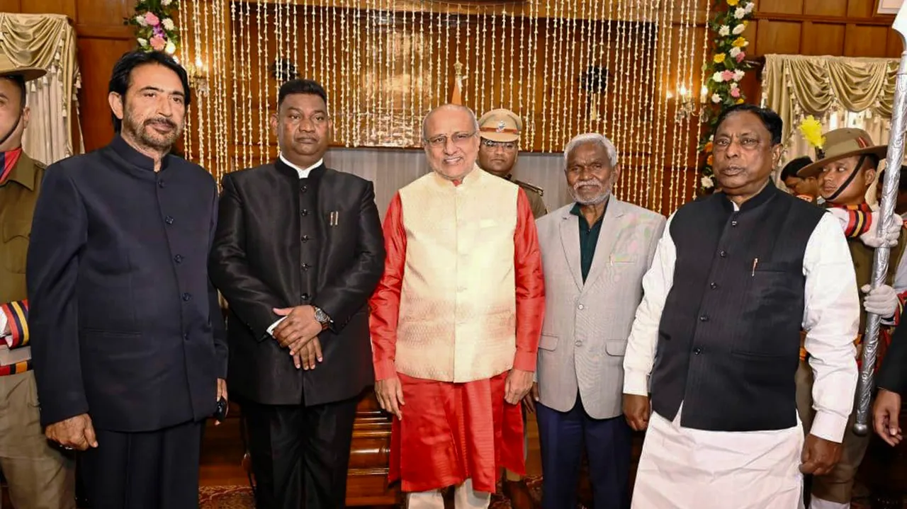 Jharkhand Governor CP Radhakrishnan with newly sworn-in Chief Minister Champai Soren and other leaders after the oath ceremony, at Raj Bhawan in Ranchi