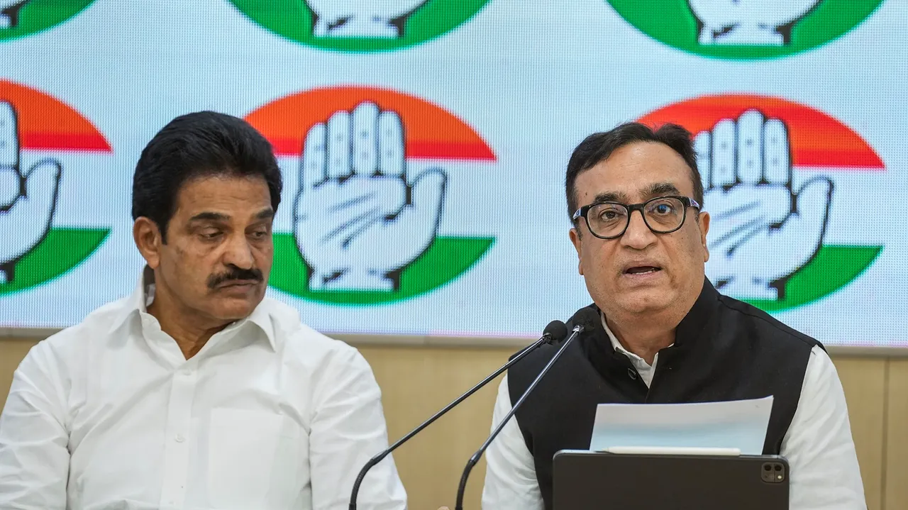 Congress leaders KC Venugopal and Ajay Maken brief the media at AICC headquarters, in New Delhi