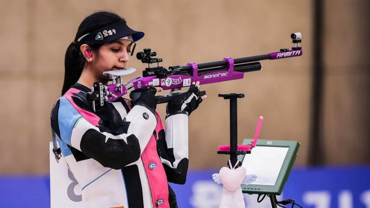 India's Ramita Jindal competes in women's 10m air rifle final at the 2024 Summer Olympics, in Chateauroux, France, Monday, July 29, 2024.