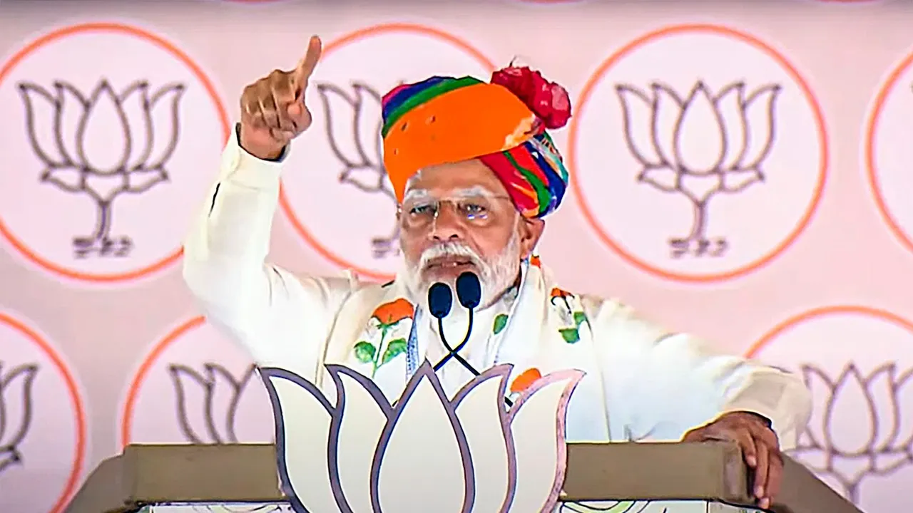 Prime Minister Narendra Modi addresses a public meeting for Lok Sabha elections, in Tonk district, Rajasthan, Tuesday, April 23, 2024