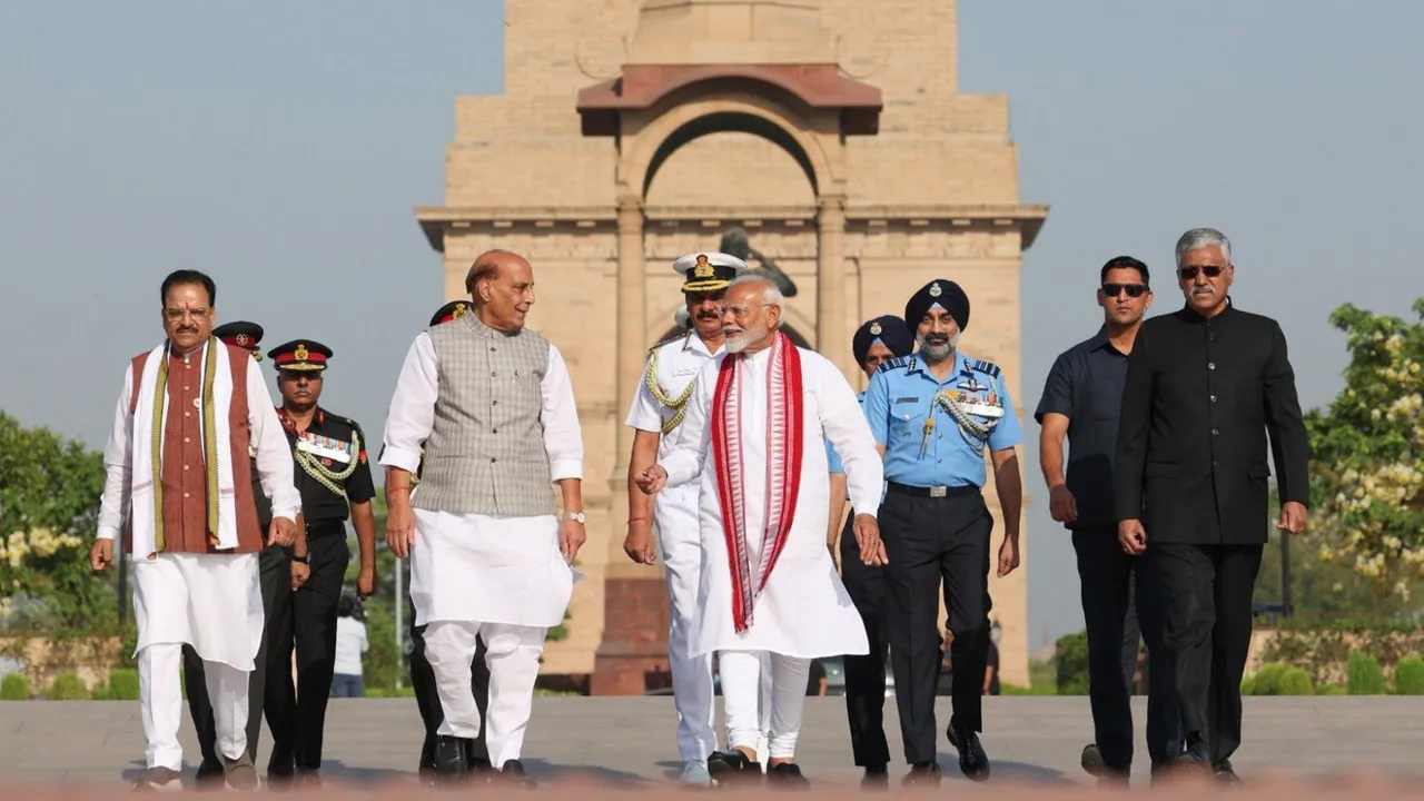 Prime Minister-designate Narendra Modi and others arrive to pay tribute at the National War Memorial, ahead of his swearing-in ceremony as prime minister for the third consecutive term, in New Delhi, Sunday, June 9, 2024.