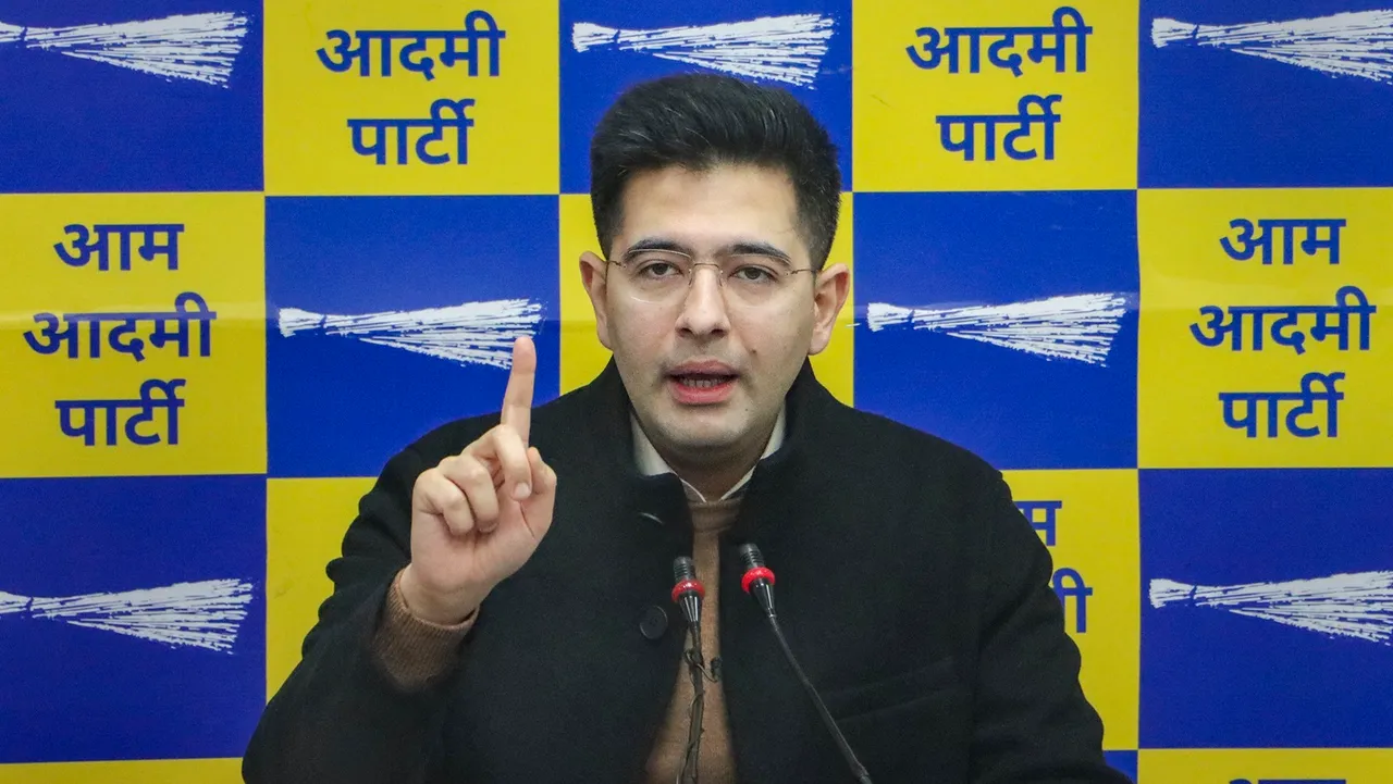 AAP leader Raghav Chadha addresses a press conference, in New Delhi