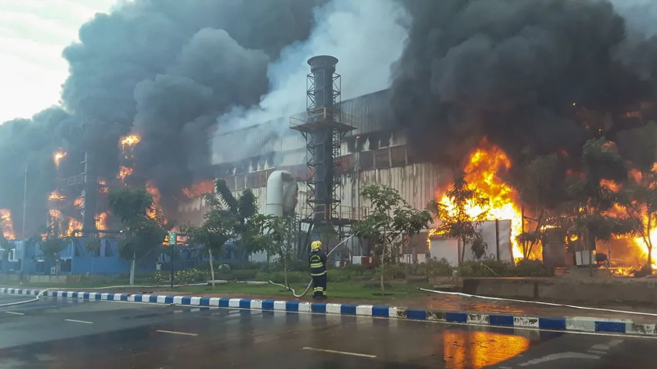 A fireman douses a fire breaking out at a chemical godown of the electronics component factory of Tata Electronics Pvt Ltd, in Hosur, Tamil Nadu, Saturday, Sept. 28, 2024