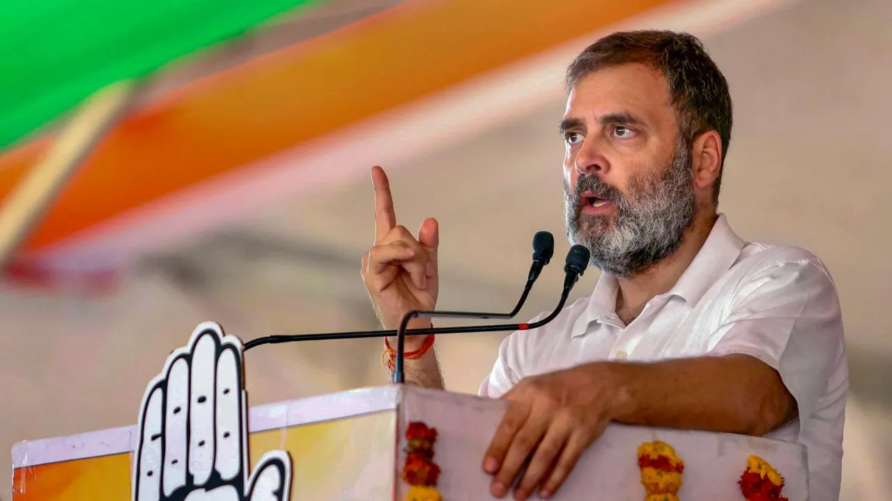 Congress leader Rahul Gandhi addresses a public meeting for Lok Sabha elections, in Ratlam, Monday, May 6, 2024