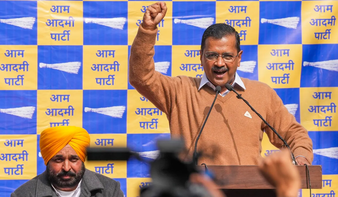 Delhi Chief Minister Arvind Kejriwal addresses a gathering during AAP protest, in New Delhi, Friday, Jan. 2, 2024