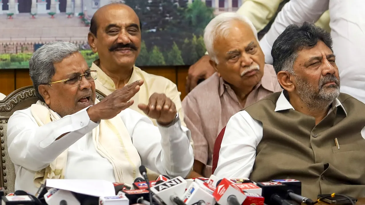 Karnataka Chief Minsiter Siddaramaiah with his Deputy DK Shivakumar addresses a press conference after Karnataka High Court dismissed his petition challenging the approval given by Governor Thaawarchand Gehlot for an investigation against him in the MUDA site allotment case, in Bengaluru, Tuesday, Sept. 24, 2024.